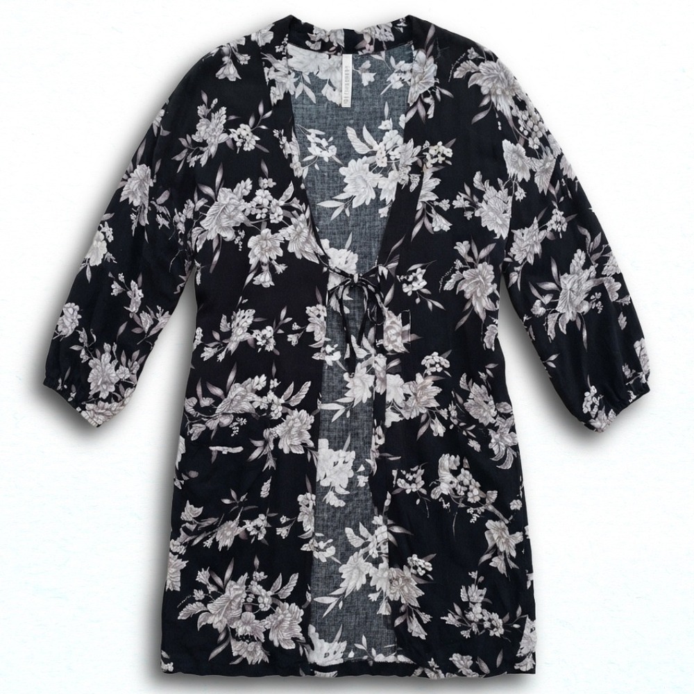 Spiritual Gangster Women Floral Kimono Cardigan Black White Front Tie OS